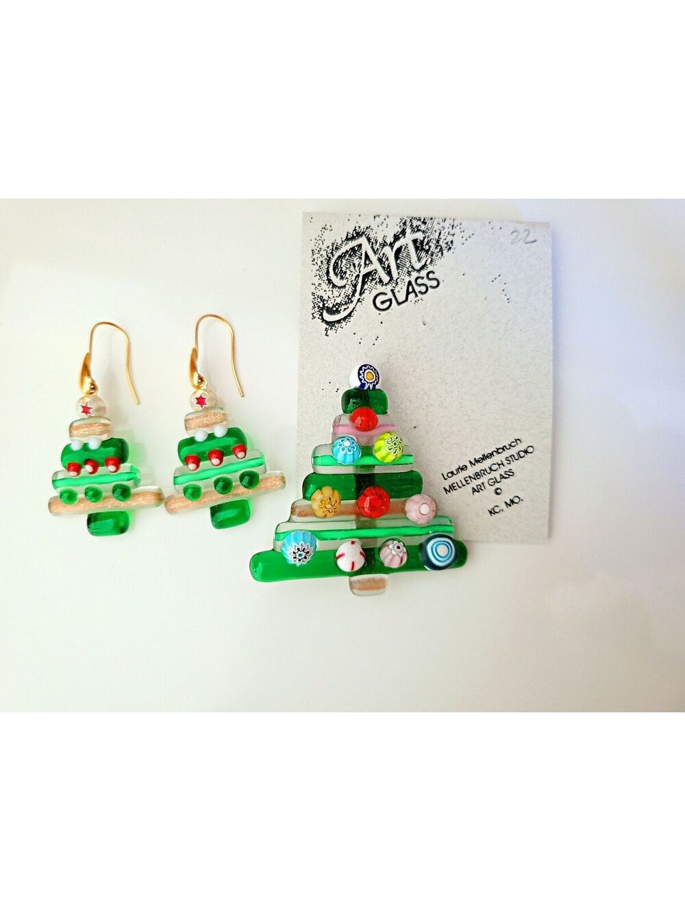 Vintage Glass Christmas Tree Glass Art Brooch & Earring Lot